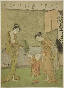 Hungry Collection: Two Women with Boy in Front of Powder Shop, c. 1770 / 71. Creator: Shiba Kokan