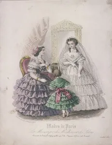 Two women and a child wearing the latest fashions, 1860