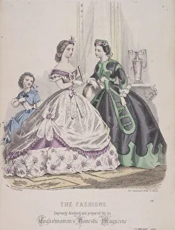 Two women and a child wearing the latest fashions, 1864
