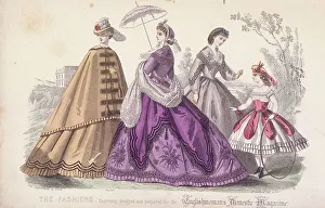 Three women and a child wearing the latest fashions, 1864