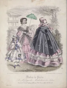 Two women and a child wearing the latest fashions in a garden setting, 1858