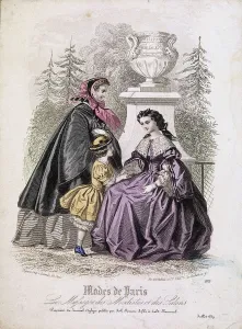 Two women and a child wearing the latest fashions in a garden setting, 1858