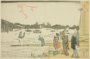 Firework Display Prints: Women and Children Viewing the Fireworks, Japan, c. 1798. Creator: Hokusai