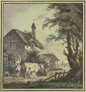 Farm Animal Prints: Women with cows in front of a farmhouse