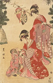 Dressing Up Prints: Women Dancing at New Years as Monkey Trainers, c1800. Creator: Utagawa Toyokuni I