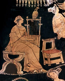 Turin Gallery: Women dressed in the Ionic costume Ionic playing the lyre, detail of a vase of Pelike