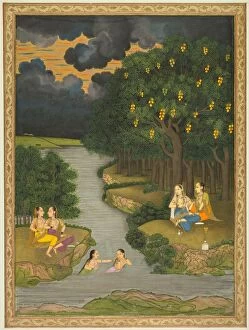 Mughal Gallery: Women Enjoying the River at the Forests Edge, c. 1765. Creator: Hunhar II (Indian