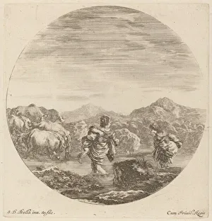 Etching On Laid Paper Restrike Prints: Two Women Fording a Creek with a Herd of Cows. Creator: Stefano della Bella