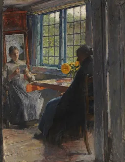 Note Prints: Women at the garden window, c. 1890. Creator: Kuehl, Gotthardt (1850-1915)