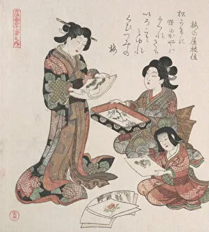 Two Women and a Girl Looking at Paintings, probably 1815. Creator: Kubo Shunman