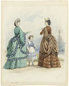 Pleated Prints: Two women and a girl, May 1870. Creator: Jules David