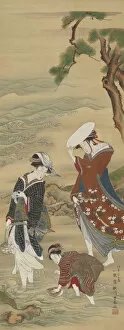 Paddling Gallery: Two women and a girl on the seashore, 1735-1814. Creator: Utagawa Toyoharu