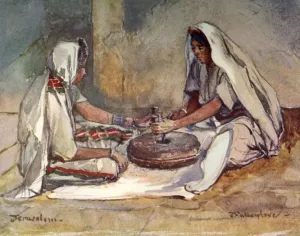 Adam And Charles Prints: Two Women Grinding at a Hand Mill, 1902. Creator: John Fulleylove