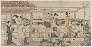 Women Hanging Laundry to Dry on a Balcony, early 1790s. Creator: Kitagawa Utamaro (Japanese