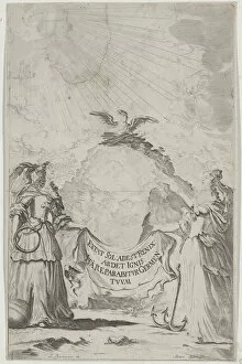 Mythical Creatures Gallery: Two women holding a banner at center as a phoenix rises above; set design from 'Il Fuoco E..., 1674