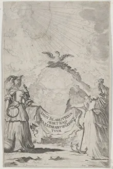 Phoenix Prints: Two women holding a banner at center as a phoenix rises above; set design from Il Fuoco E