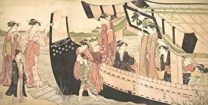 Triptych Of Polychrome Woodblock Prints Gallery: Women Landing from a Pleasure Boat Drawn Up to the Shore at Mukojima on Sumida River