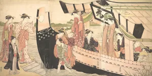 Boat Trip Prints: Women Landing from a Pleasure Boat Drawn Up to the Shore at Mukojima on Sumida River