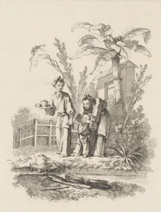 Coconut Palm Prints: Two Women Leading a Child toward a Teapot on a Table near a Pond, ca. 1742
