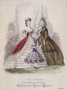 Two women and a little girl model the latest fashions, 1863. Artist: Anon Two women and a little girl model the latest fashions, 1863. Artist: Anon