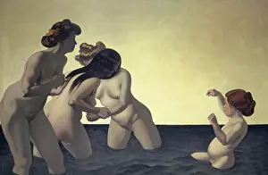 Felix Prints: Three Women and One Little Girl Playing in the Water, 1907. Creator: Felix Vallotton
