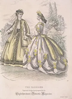Two women model the latest fashions, 1863