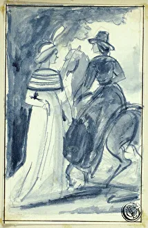 Riding Habit Prints: Two Women (One on Horseback) in Late 18th Century Dress