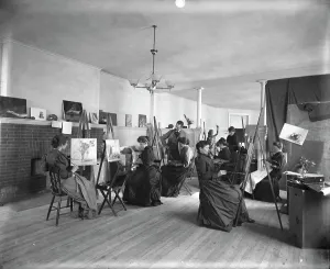 Women painting at easels in a class at the Art Students League, Washington, D.C. c1889. Creator: Frances Benjamin Johnston