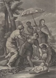 Images Dated 27th October 2020: Three women pulling in the basket with the infant Moses from the water, ca. 1729