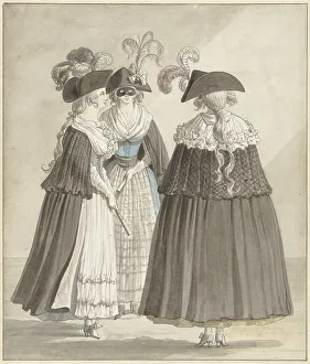 Masked Ball Prints: Three women in Roman masquerade costumes, 1790. Creator: Daniel Dupré