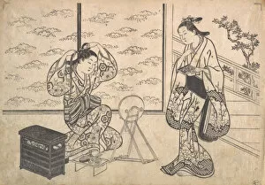 Toilette Collection: Two Women in a Room Opening on a Verandah, ca. 1730. Creator: Hasegawa Mitsunobu