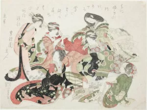 Six women seated around a bird cage, Japan, 1823. Creator: Hokusai