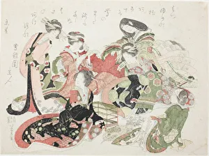 Inquisitive Gallery: Six women seated around a bird cage, Japan, 1823. Creator: Hokusai