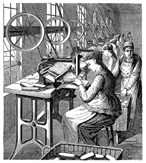 Women securing bristles in brushes using Woodburys machine, late 19th century