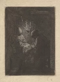 Mending Collection: Two Women Sewing by Lamplight, ca. 1853. Creator: Jean Francois Millet