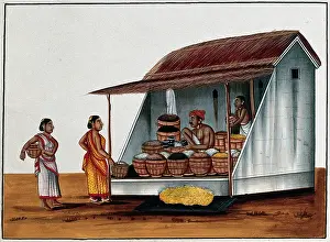Sari Prints: Two women at a shop selling grains and pulses, (between 1800 and 1899?). Creator: Unknown