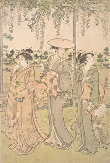 Kimono Gallery: Three Women and a Small Boy beneath a Wisteria Arbor on the Bank of a Stream, ca. 1790