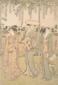 Kiyonaga Torii Prints: Three Women and a Small Boy beneath a Wisteria Arbor on the Bank of a Stream, ca. 1790
