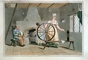 Machine Prints: Women Spinning and Carding Wool, 1814. Creator: George Walker of Seacroft