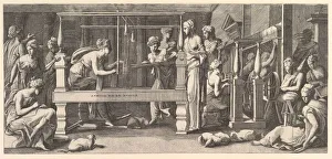 Francesco Primaticcio Collection: Women spinning, weaving and sewing, 1540-50. Creator: Master FG