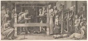 Industrious Prints: Women spinning, weaving and sewing, mid-16th century. Creator: Master FG (Italian