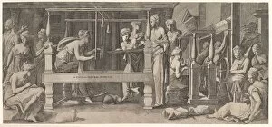 Loom Gallery: Women spinning, weaving and sewing, mid-16th century. Creator: Master FG (Italian