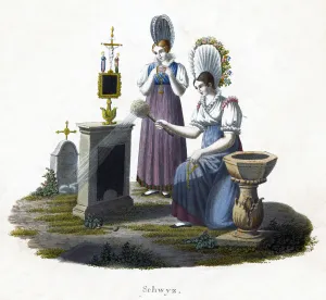 Images Dated 29th April 2006: Two women standing before a headstone in a graveyard, c1800