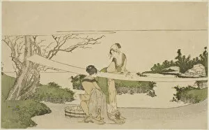 Two women stretching cloth, Japan, c. 1797 / 98. Creator: Hokusai