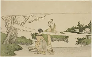 Double Page Illustration From Book Prints: Two women stretching cloth, Japan, c. 1797 / 98. Creator: Hokusai