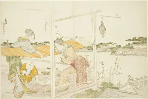 Stretching Prints: Women on a Veranda Stretching Cloth to Dry, Japan, c. 1799. Creator: Hokusai