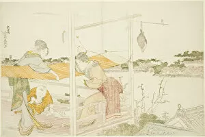 Women on a Veranda Stretching Cloth to Dry, Japan, c. 1799. Creator: Hokusai