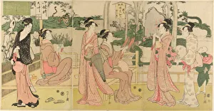 Eishi Chobunsai Prints: Women viewing dragon and tiger made of tobacco pouches, c. 1795. Creator: Hosoda Eishi