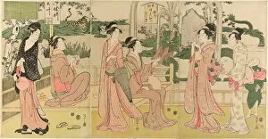 Eishi Chobunsai Collection: Women viewing dragon and tiger made of tobacco pouches, c. 1795. Creator: Hosoda Eishi