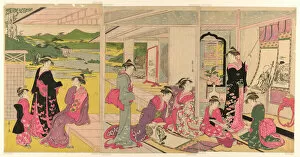 Rose Gallery: Women Viewing Scroll Paintings of the Gods of Good Fortune, late 18th-early 19th century